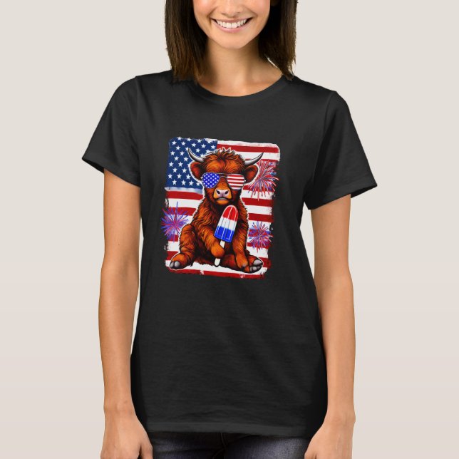 4 juli Highland Cow Popsicle Firework USA Ame T Shirt (Framsida)