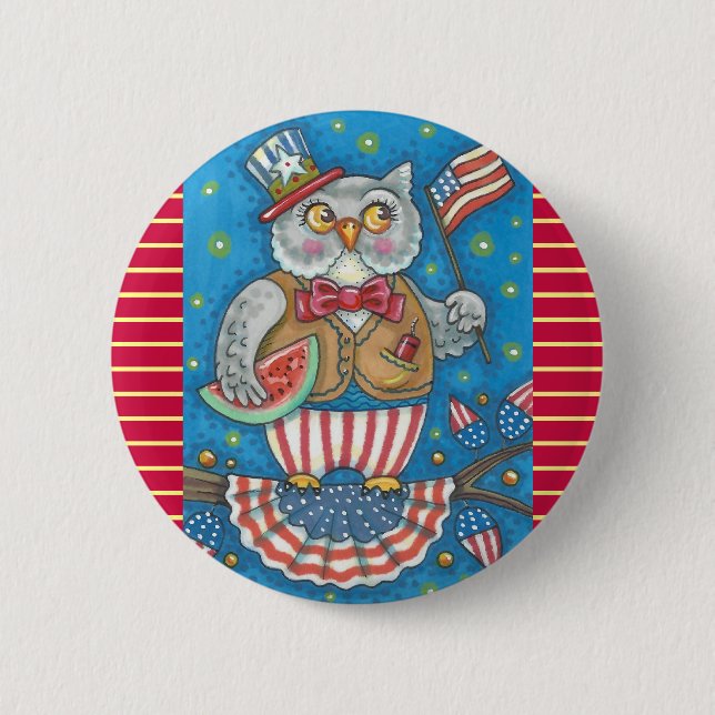 4 JULI HOOT UGGLA, BIRD BUTTON Round Knapp (Framsida)