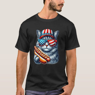 4 juli Hotdog Katt Rolig Patriotisk Katt USA Flagg T Shirt