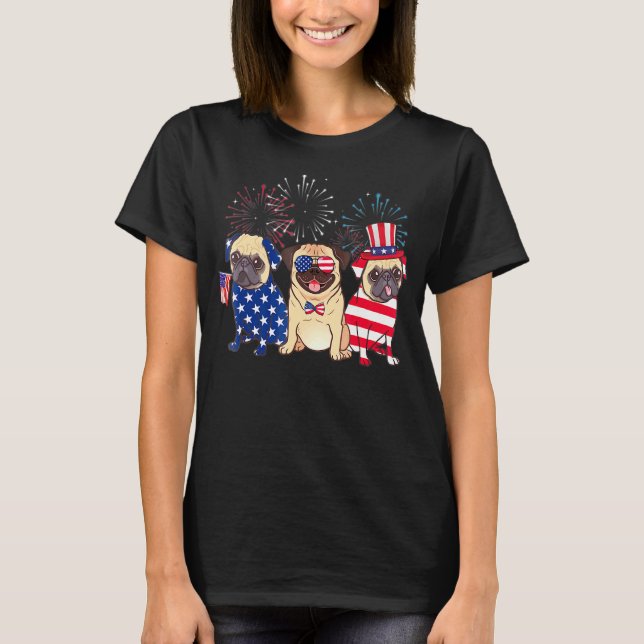 4 juli hund tre mops hundar cool amerikansk flagga t shirt (Framsida)