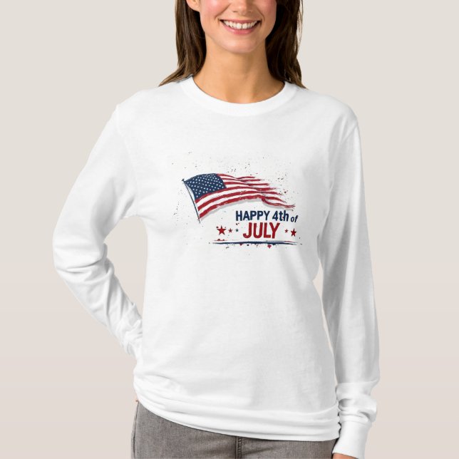 4 juli - Konstnärlig amerikansk flagg-sprutande fä T Shirt (Framsida)