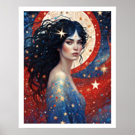 4 juli Kvinna i Red Fireworks Art Deco Poster