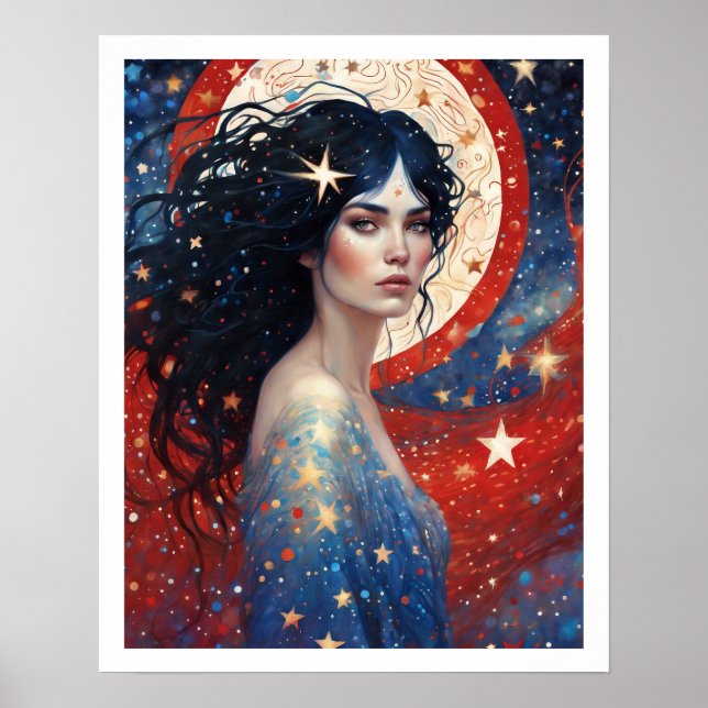 4 juli Kvinna i Red Fireworks Art Deco Poster (Framsidan)