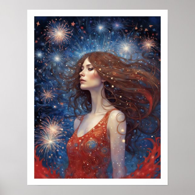 4 juli Kvinna i Red Fireworks Art Poster (Framsidan)
