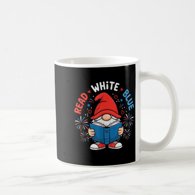 4 juli Läs Vit Blå Gnome Läs Bok Kaffemugg (Höger)