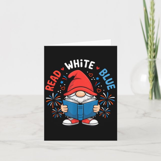 4 juli Läs Vit Blå Gnome Läs Bok Kort (Framsida)