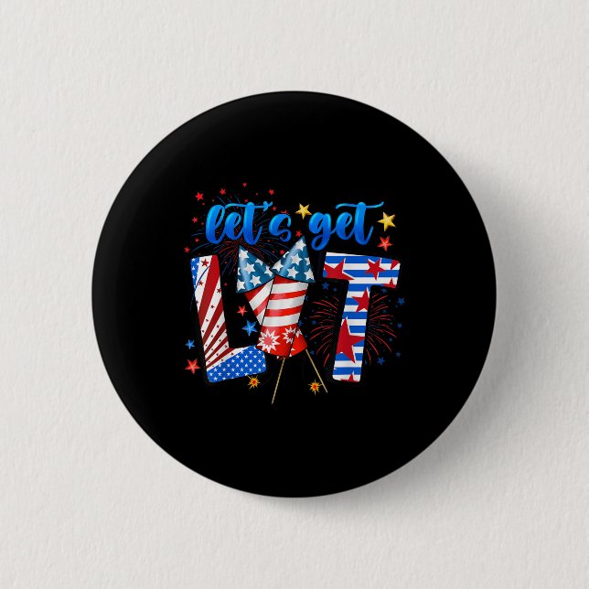 4 juli låt oss få fyrverkerier roliga patriotiska knapp (Framsida)