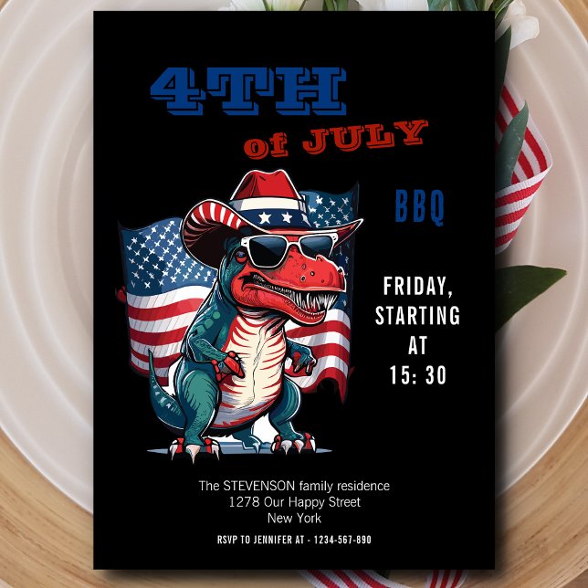 4 juli lycklig Dinosaur med USA:s flagga Inbjudningar (Skapare uppladdad)