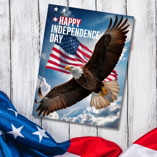 4 juli Lycklig independence day Hälsning Helg Vykort (Bald Eagle soaring celebrating USA Independence Day)