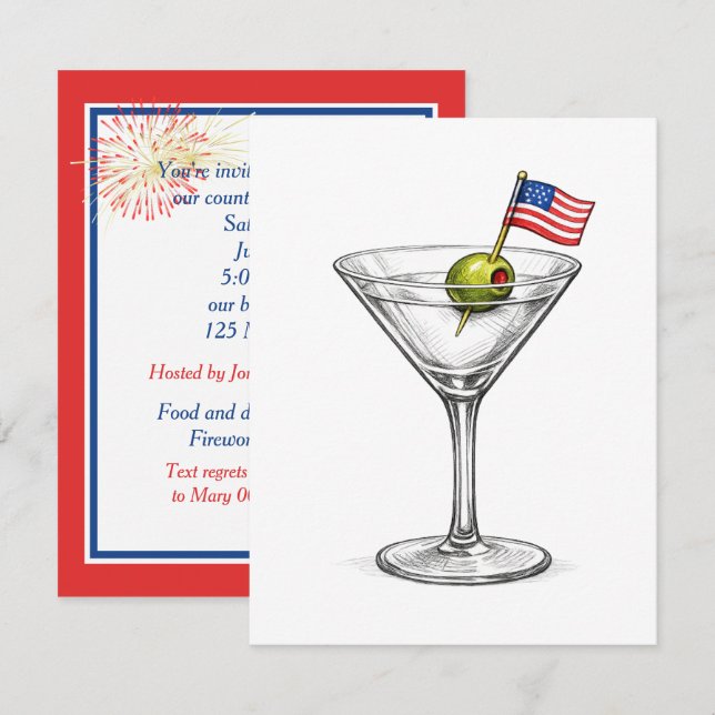 4 juli Martini med amerikansk flagga Inbjudningar (Fram/baksida)