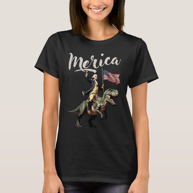 4 juli: Merica George Washington Riding a Dino T Shirt (Framsida)
