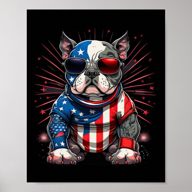 4 juli: Patriotic American Bully Hund US Flagga Poster (Framsidan)