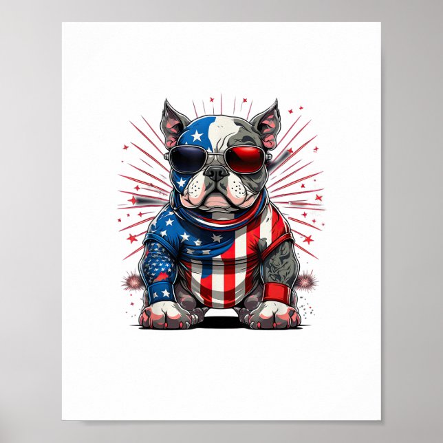 4 juli Patriotic American Bully Hund US Flagga Poster (Framsidan)
