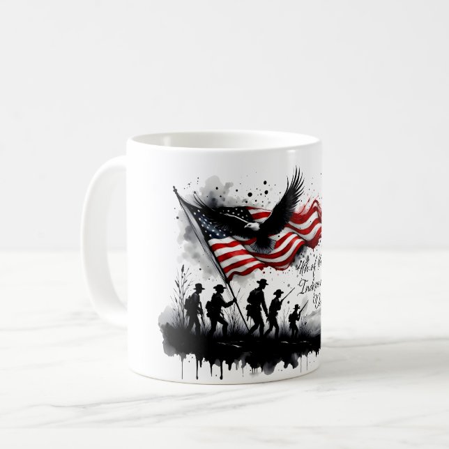 4 juli Patriotic Art med Flagga & Soldiers Kaffemugg (Framsida vänster)