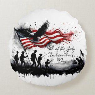 4 juli Patriotic Art med Flagga & Soldiers Rund Kudde