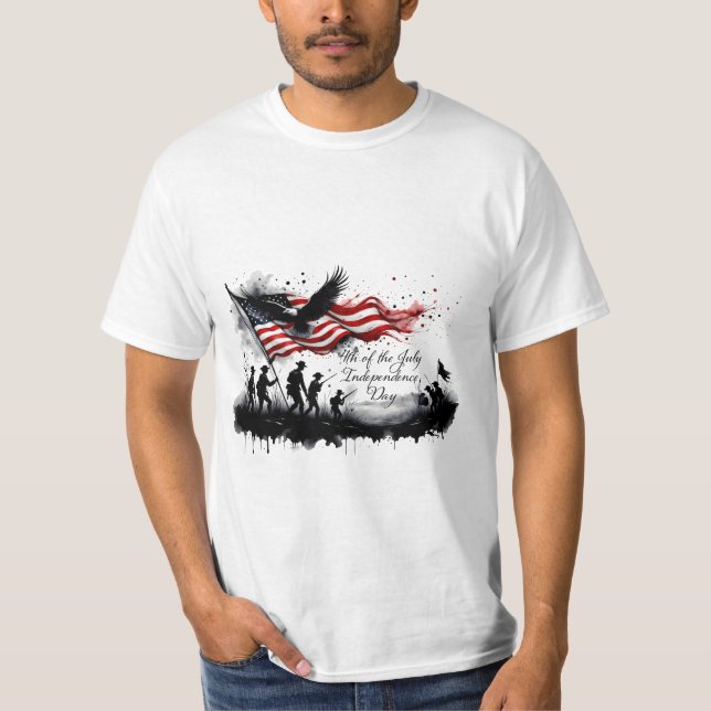 4 juli Patriotic Art med Flagga & Soldiers T Shirt (Framsida)