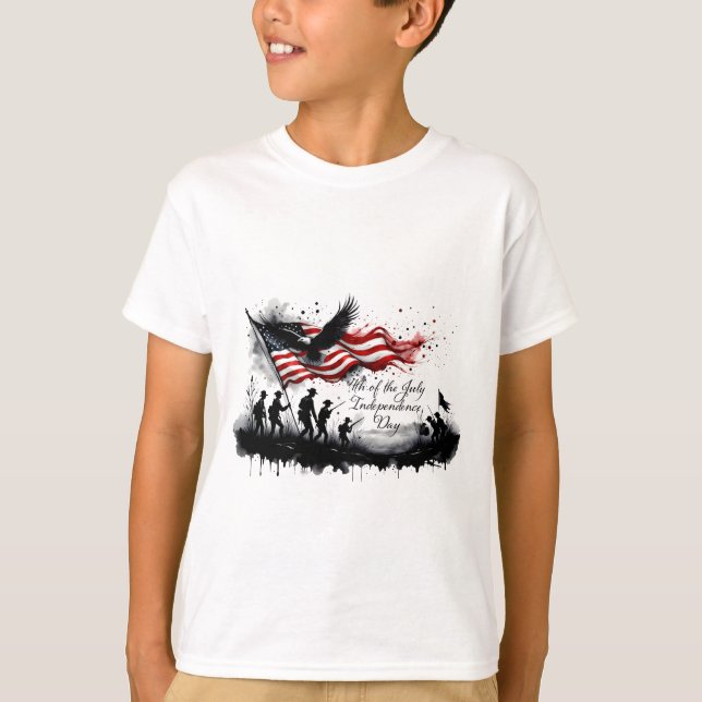 4 juli Patriotic Art med Flagga & Soldiers T Shirt (Framsida)