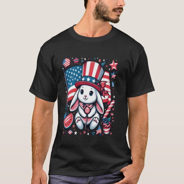 4 juli Patriotic Bunny USA American Flagga Rabb T Shirt (Framsida)