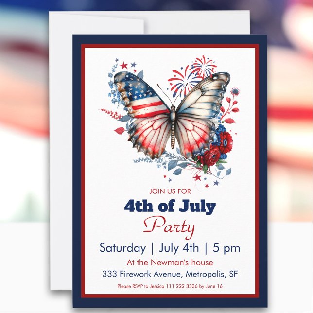 4 juli Patriotic Butterfly & Fireworks Party Inbjudningar (4th of July Patriotic Butterfly & Fireworks Party Invitation)