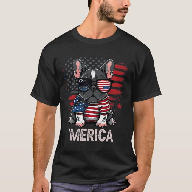 4 juli Patriotic Frenchie Hund Merica T Shirt (Framsida)