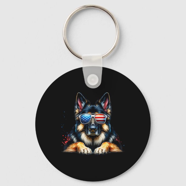 4 juli: Patriotic German Shepherd American Fla Nyckelring (Framsida)
