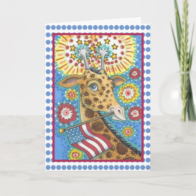 4 JULI, PATRIOTIC GIRAFFE GREETING CARD Verse Kort (Framsida)
