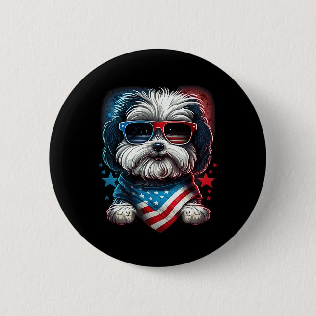 4 juli Patriotic Havanese Hund US Flagga Knapp (Framsida)