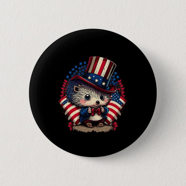 4 juli Patriotic Hedgehog US Flagga Knapp (Framsida)