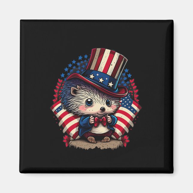4 juli Patriotic Hedgehog US Flagga Magnet (Framsidan)