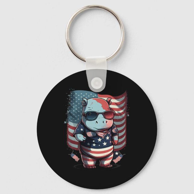 4 juli Patriotic Hippo US Flagga Nyckelring (Framsida)