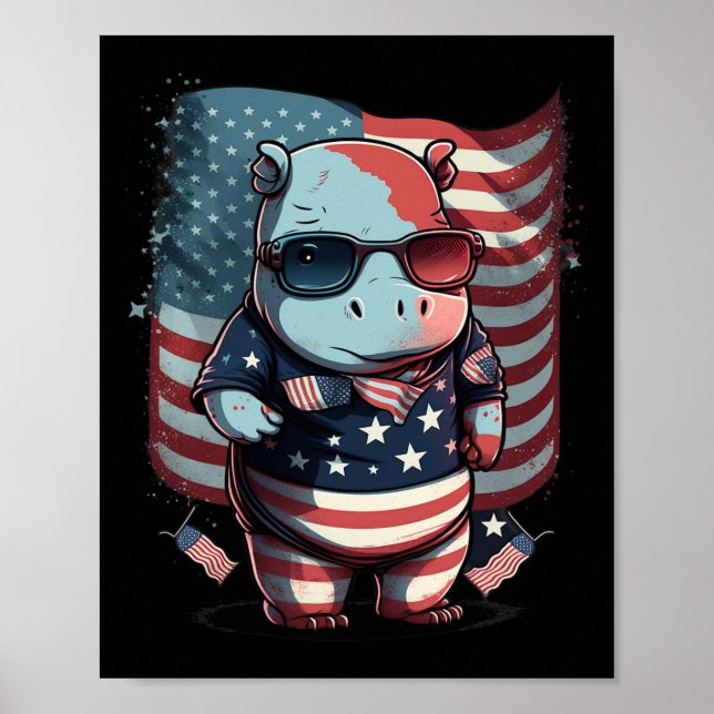 4 juli Patriotic Hippo US Flagga Poster (Framsidan)