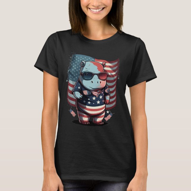 4 juli Patriotic Hippo US Flagga T Shirt (Framsida)