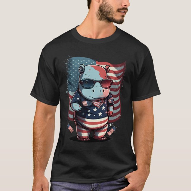 4 juli Patriotic Hippo US Flagga T Shirt (Framsida)
