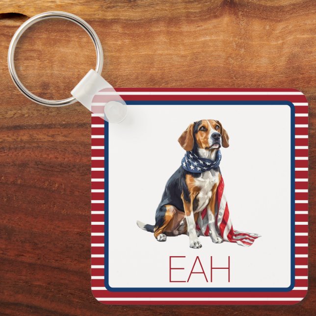 4 juli Patriotic Hound Hund Monogram Nyckelring (Framsida)