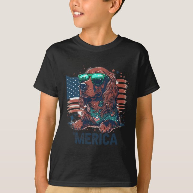 4 juli Patriotic Irish Setter Hund Merica T Shirt (Framsida)
