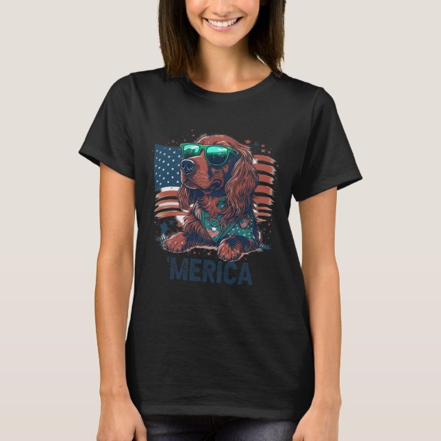 4 juli Patriotic Irish Setter Hund Merica T Shirt (Framsida)