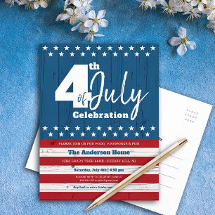 4 juli Patriotic Rustic Wood American Flagga Inbjudan Vykort