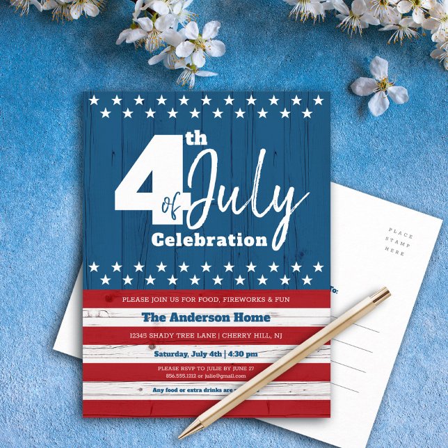 4 juli Patriotic Rustic Wood American Flagga Inbjudan Vykort (Skapare uppladdad)