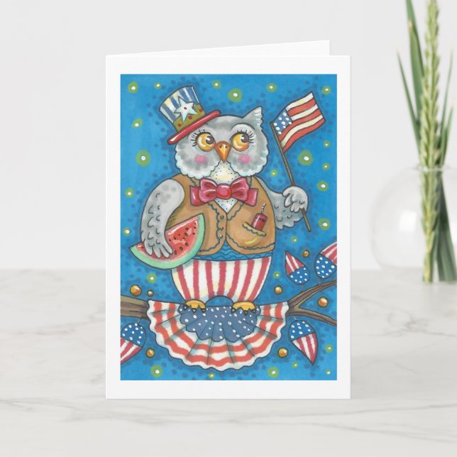 4 JULI PATRIOTIC UGGLA GREETING CARD Blank Kort (Framsida)