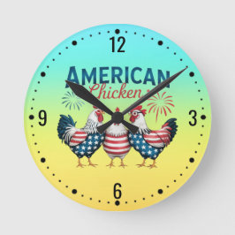 4 juli Patriotisk Amerikansk Kyckling Design Rund Klocka
