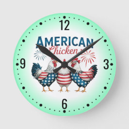 4 juli Patriotisk Amerikansk Kyckling Design Rund Klocka