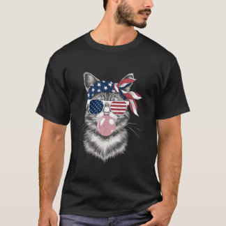 4 juli Patriotisk katt som blåser bubbla USA Flagg T Shirt