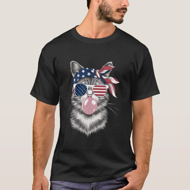 4 juli Patriotisk katt som blåser bubbla USA Flagg T Shirt (Framsida)