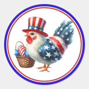4 juli Patriotisk kyckling med USA-flagga Runt Klistermärke