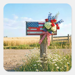 4 juli Patriotisk Landsbygdspostlåda Fyrkantigt Klistermärke
