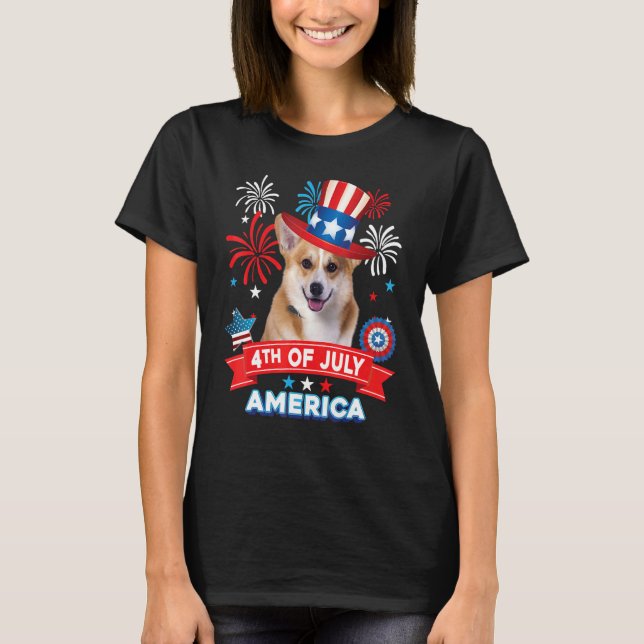 4 juli Patriotiska dagen Corgi Hund Självständighe T Shirt (Framsida)
