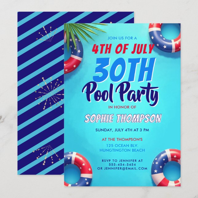 4 juli Poolparty Americana 30-årsfest Inbjudningar (Fram/baksida)