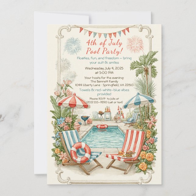 4 juli poolparty inbjudan – Elegant linje (Framsida)