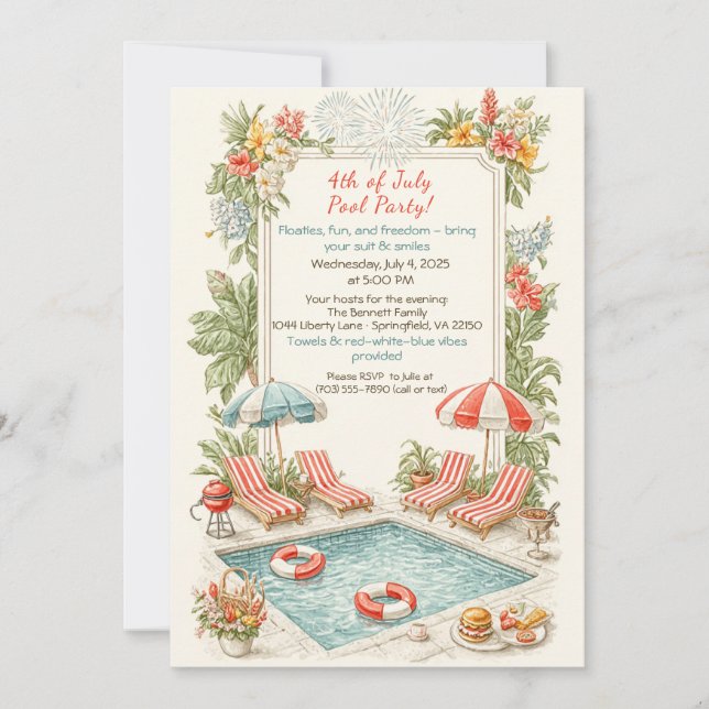 4 juli poolparty inbjudan – Elegant linje (Framsida)