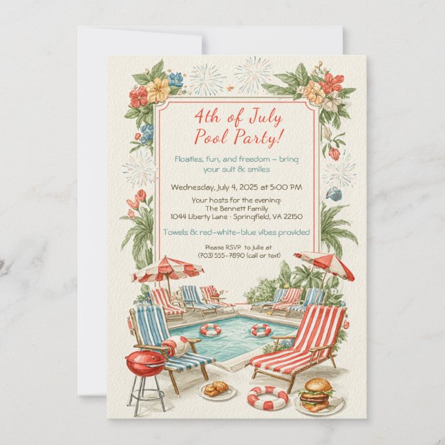 4 juli poolparty inbjudan – Elegant linje (Framsida)